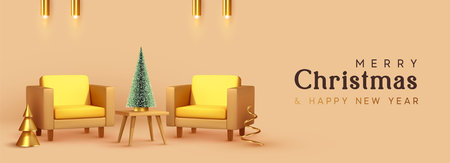 Christmas interior design with realistic 3d objects, beige and gold colors. Horizontal Christmas banner, web poster, greeting cards, headers for website. Vector illustrationのイラスト素材