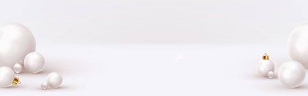 Christmas background with white balls, glass 3d spheres, round shapes. Minimal Abstract Xmas design. vector illustrationのイラスト素材