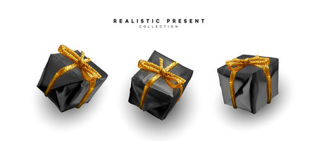 Set presents. Black gift boxes realistic design. Isolated on white backgroundのイラスト素材