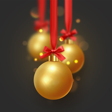 Christmas golden balls hang on red ribbon with bow. Xmas bauble with realistic light blur bokeh effect.のイラスト素材