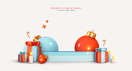 Christmas and New Year festive blue round podium studio with realistic 3d bauble balls, gift box. Modern Creative holiday template. Xmas winter composition. Banner and web poster, cover and brochureのイラスト素材