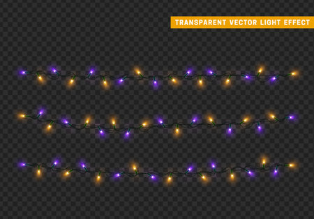 Christmas lights isolated realistic design. Lights garlands color yellow and lilac. Glowing Xmas decorations.のイラスト素材