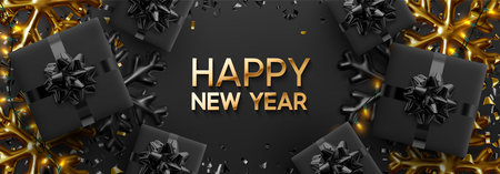 Happy New Year banner. Background Xmas design of sparkling lights garland, with realistic gifts box, black snowflake and glitter gold confetti. Horizontal christmas poster, greeting cards, headers,のイラスト素材