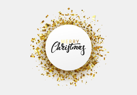 Merry Christmas background with golden confetti, calligraphic lettering text. Xmas vectorのイラスト素材
