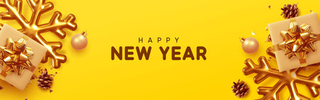 Christmas banner. Background Xmas design realistic gifts box, goden 3d render snowflake and glitter gold confetti. Horizontal christmas poster, greeting cards, headers, website. flat top viewのイラスト素材