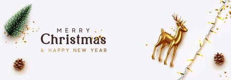Christmas banner. Xmas Background with realistic objects, Gold Metal Deer, decorative green pine, bright light garland. New Year's traditional decorations. Horizontal poster, header, website.のイラスト素材