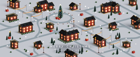 Christmas night city. Winter Xmas village landscape, cottage town and country, Decorated with New Year garland, blur lights bokeh. Festive banner, web poster, greeting card, cover. Vector illustrationのイラスト素材
