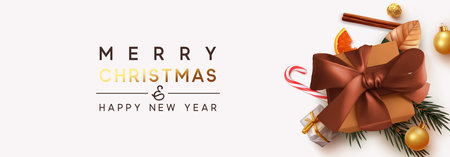 Merry Christmas and Happy New Year. Background with realistic festive gifts box. Xmas present. boxes with red ribbon gift surprise, Golden Christmas baubles, balls, Horizontal poster, headers, websiteのイラスト素材