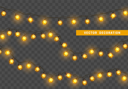 Christmas lights. Design element, decorations new year glowing light. Decorative Xmas realistic objects. Holiday decor set of garlands. Isolated on transparent background. vector illustrationのイラスト素材