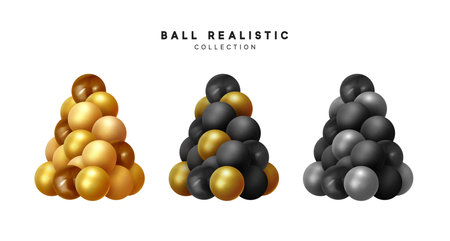 Set Bunch of balls 3d render. Christmas decorative tree, shape from balls and round spheres. Geometric objects, pearl made of metal and plastic. color gold and silver, black and brown.のイラスト素材