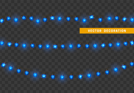 Christmas lights. Design element, decorations new year glowing lights. Decorative Xmas realistic objects. Holiday decor set of garlands. Isolated on transparent background. vector illustrationのイラスト素材