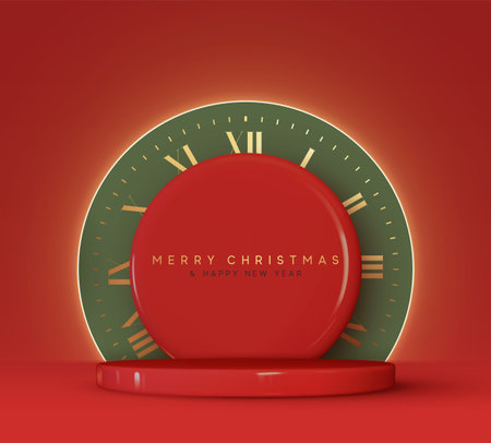 Christmas and New Year festive red round podium studio realistic 3d design, neon lights. Modern Creative holiday template. Xmas winter composition. Banner and web poster, cover and brochureのイラスト素材