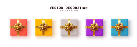 Set of gifts box. Collection realistic gift presents, color yellow, blue, purple and pink red, flat lay, top view.のイラスト素材