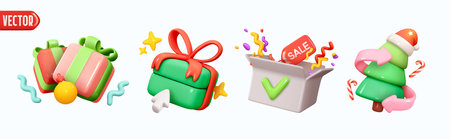Christmas decorations. Xmas Decor Realistic 3d design in cartoon plastic style, green christmas tree, two gift box, open cardboard box with label tag sale. winter holiday element. vector illustrationのイラスト素材