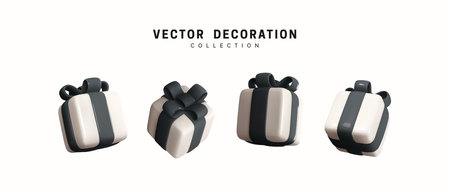 Set of realistic 3d gifts box. Holiday decoration presents. Festive gift surprise. Decor Isolated boxes. Vector illustrationのイラスト素材