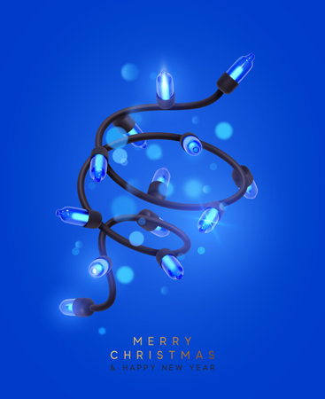 Festive Christmas Blue string lights brightly glowing. Realistic 3d New Year decorations garland isolated on rich blue background. vector illustrationのイラスト素材