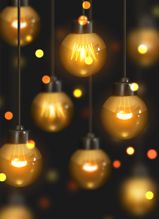 lamps hanging. Background Light bulb edison retro design. Lighting decor. Vintage style. Realistic glowing old lamp Incandescen. vector illustrationのイラスト素材