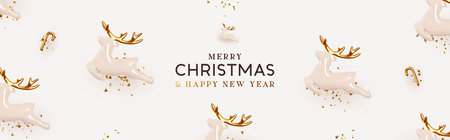 Christmas reindeer Realistic ceramic. Holiday pattern Xmas deer. Porcelain decorative toy figurine. White New Year background. Holiday poster, website header or banner. Vector illustration.のイラスト素材