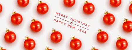 Merry Christmas and Happy New Year. Pattern Xmas red balls. Christmas bauble background.のイラスト素材