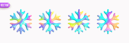 Christmas snowflake bright multicolored hologram gradient color. Holographic 3d decorative snowflake. The set is isolated on white background. New Year's elements. Vector illustrationのイラスト素材