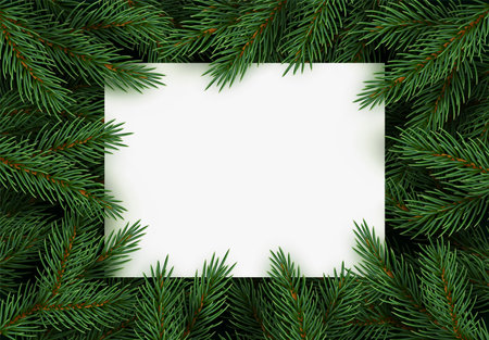 Christmas tree branches. Festive Xmas border of green branch of pine. Pattern pine branches, spruce branch. Paper sheet space for text. Realistic design decoration elements. Vector illustrationのイラスト素材