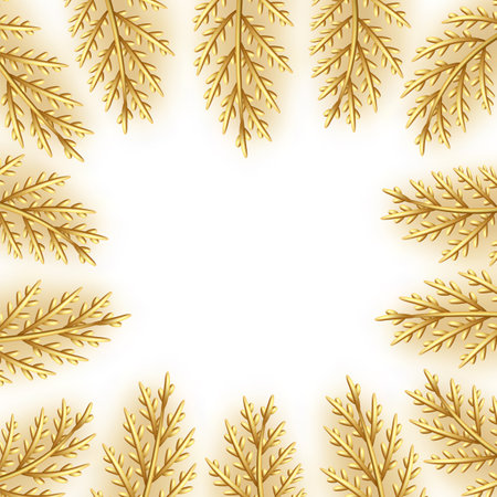 Christmas decorative design elements from golden pine and fir branches. Decor frame with branches from coniferous cypress tree. Xmas gold decorations. border with space for text. vector illustrationのイラスト素材