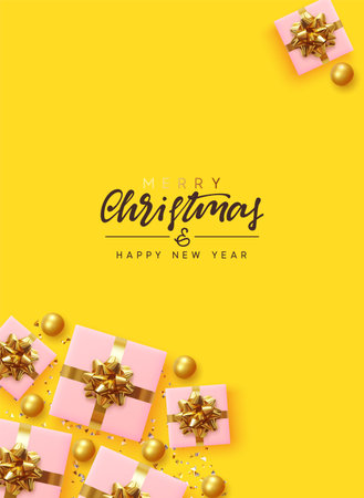 Merry Christmas and Happy New Year. Yellow background with realistic festive gifts box. Xmas present. Pink gift surprise, flat top view. Golden Christmas baubles, balls, glitter gold confetti.のイラスト素材