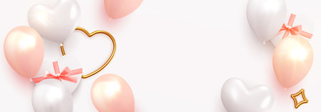 Valentines Day banner. Holiday Background design, realistic gifts box with heart shaped, pink and white balloon, Horizontal poster, greeting cards, headers for website. flat top viewのイラスト素材