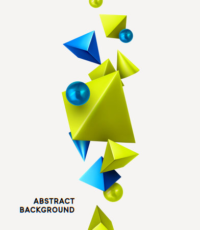 Abstract Triangle background. Modern minimal design with green pyramid realistic 3d render objects. Art trend poster. Pearl blue color soft orb ball. Vector illustrationのイラスト素材