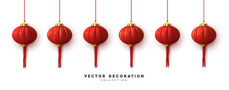 Chinese hanging red lanterns realistic isolated on white backgroundのイラスト素材