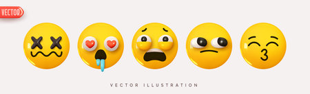 Set Icon Smile Emoji. Realistic Yellow Glossy 3d Emotions face suffers, kiss, in love, incomprehensibly does not understand, dizzy is silent. Pack 26. Vector illustrationのイラスト素材
