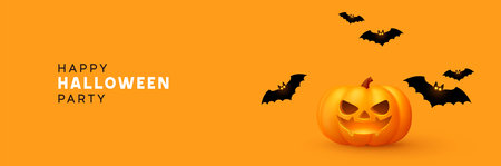 Happy Halloween banner. Festive background with realistic 3d orange pumpkins with cut scary smile and flying bats. Horizontal holiday poster, header for website. Vector illustrationのイラスト素材