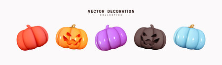 Set of multi-colored pumpkins for Halloween. Pumpkin with scary, evil emotions on their faces. Creative concept idea. Realistic 3d design. Traditional element of decor for holiday. Vector illustrationのイラスト素材