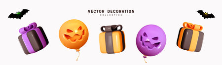 Set of decorative elements for Halloween. Emotional Smile Balloons with scary, evil on their faces. Realistic 3d design gift box. Traditional element of decor for holiday. Vector illustrationのイラスト素材