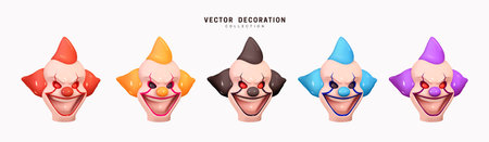 Set Clown head with wicked smile on his face. Realistic 3d design. Element Decor for holiday, Halloween, birthday. Clown of different colors orange, black, red, purple and blue. Vector illustrationのイラスト素材