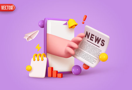 Smartphone Online news from social media and internet. Mobile news business conceptual creative idea. Hand takes paper news newspaper from phone. Realistic 3d cartoon design. vector illustrationのイラスト素材