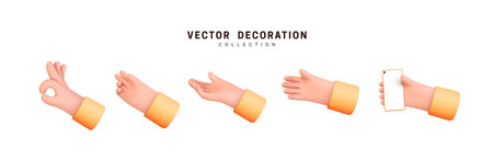 Hands set of realistic 3d design in cartoon style. Hand shows different gestures signs. Vector illustration.のイラスト素材