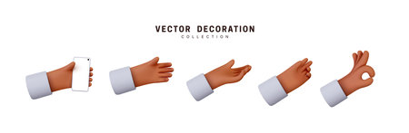 Hands set of realistic 3d design in cartoon style. Hand shows different gestures signs. Vector illustration.のイラスト素材