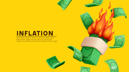 Pile money. Inflation creative concept idea of burning money supply. Realistic 3d design stack and flying dollar paper green bills. Business economics and finance. World crisis. vector illustrationのイラスト素材