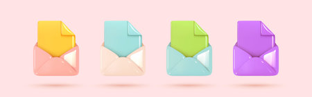 Set of Open Email envelope icon with document. Post mail letter. Multicolored realistic 3d design isolated. Vector illustrationのイラスト素材