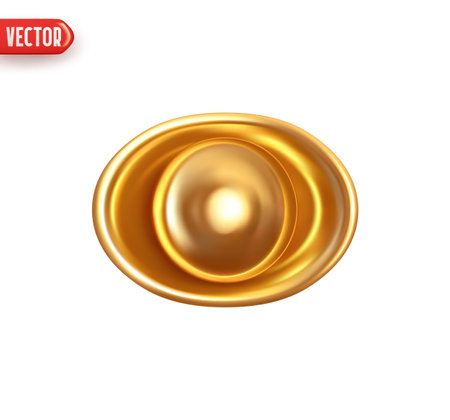 Yuan Bao Chinese gold coin. Imperial golden ingot YuanBao iambic. Realistic 3d design element. Icon isolated on white background. Vector illustrationのイラスト素材