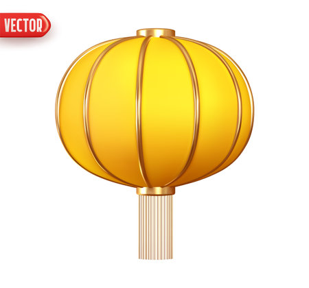 Chinese Asian lanterns. Festive Round Street Lamp Yellow color. Realistic 3d design element. Icon isolated on white background. Vector illustrationのイラスト素材