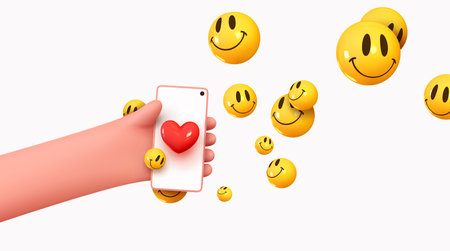 Social media concept. Marketing time. Realistic abstract 3d design. Cartoon style. In hand phone...