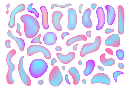 Set isolated elements of holographic chameleon design palette of shimmering colors. Modern abstract pattern, colorful fluid paint design. Trendy art background. Gradient futuristic shapesのイラスト素材