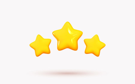 Three yellow stars glossy colors. Achievements for games. Customer rating feedback concept from client about employee of website. Realistic 3d design. For mobile applications. Vector illustrationのイラスト素材