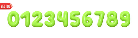 Green numbers from 0 to 9. Collection of voluminous inflated color numbers from balloon. Set of bright bubble spherical numbering figures. Elements in cartoon style. vector illustrationのイラスト素材