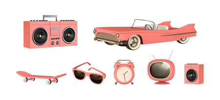 Set of realistic 3d design objects, pink convertible car, retro tape recorder, modern sun goggles, vintage TV, sports skateboard, music column, alarm clock. Vector illustrationのイラスト素材