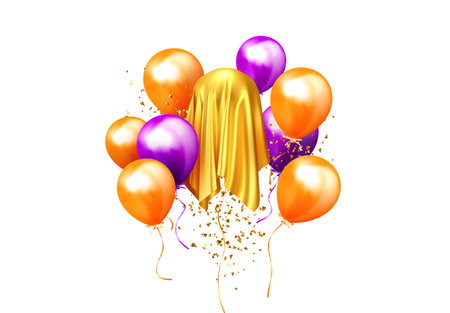 Balloons with confetti and surprise hidden under the cloth. Celebrate background with realistic air helium balloons pink and purple color. Festive composition. Holiday decorative. vector illustrationのイラスト素材