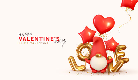 Valentines Day background. Realistic design with romantic decorative objects in 3d Scandinavian gnome for lovers symbol. Gold sign love. Red balloons shape of heart, stars. Bright holiday compositionのイラスト素材