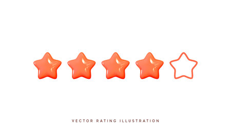 Five stars, glossy red colors. Customer rating feedback concept from the client about employee of website. Realistic 3d design of the object. For mobile applications. Vector illustrationのイラスト素材
